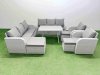 Fimous Rattan High Back Lounge Sofa Set Patio Dining Table & Chairs Set with 3 Seater Sofa 2 Reclining Chairs 3 Stool Light Grey