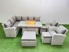 Fimous Rattan Corner Sofa Chair Set Outdoor Furniture Garden Dining Sets Gas Fire Pit Table with Temper Glass 3 Footstools Light Grey Mixed
