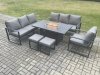 Fimous Aluminium 6 Pieces Garden Furniture Sofa Set with Cushions 9 Seater Gas Fire Pit Dining Table Set with 2 Small Footstools Dark Grey