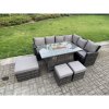 Fimous 9 Seater?Outdoor High Back Rattan Gas Fire Pit Corner Sofa Set Garden Furniture Heater Dining Table Set Footstools Dark Grey Mixed Right Hand