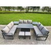 Fimous U-shaped Garden Furniture Set 11-Seater Aluminium Outdoor Dining Set with Adjustable Rising Lifting Dining Table Side Table 2 Small Footstools Dark Grey