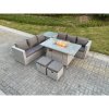 Fimous Light Grey Rattan FirePit Garden Furniture Set Gas Heater Burner Lounge Sofa Dining Table With Side Coffee Table 2 pc Stool