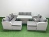 Fimous PE Rattan High Back Lounge Sofa Set Patio Adjustable Lifting Dining or Coffee Table & Chairs Set with 3 Seater Sofa Reclining Chair 2 Big Footstool Side Table Light Grey