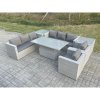 Fimous Rattan Garden Funiture Set Adjustable Rising Lifting Table Sofa Dining Set Lounge Sofa 2 Arm Chair 2 Side Table