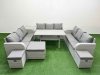 Fimous PE Rattan Lounge Sofa Set 12 Seater Outdoor Garden Furniture Set with Rectangular Dining Table 3 Seater Sofa 3 Stools Side Table Light Grey