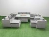 Fimous 11 Seat PE Rattan Lounge Sofa Set Outdoor Garden Furniture Set with Firepit Dining Table 3 Seater Sofa 3 Footstools 2 Side Table Light Grey