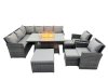 Fimous 11 Seat Poly Rattan Outdoor Patio Gas Firpit Dining Table Corner Sofa Set with 3 Stool 2 Chairs for Garden Backyard Dark Grey Mixed