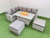 Fimous 8 Seat Rattan Garden Furniture Corner Sofa Set Outdoor Gas Fire Pit Table Sets with 2 Big Footstools Light Grey