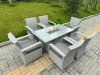 Fimous Light Grey Rattan Outdoor Garden furniture Set Gas Fire Pit Table and 6 Chairs Set with Seat Cushion