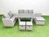 Fimous Garden Furniture Set PE Ratten Garden Sofa Set with Rectangular Dining Table 3 Stool 2 Side Tables Light Grey