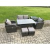 Fimous Outdoor Rattan Garden Furniture Lounge Sofa Set With Oblong Rectangular Dining Table 2 PC Reclining Chair Side Table 2 Small Footstool