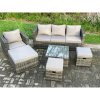 Fimous 6 PCS Outdoor Lounge Sofa Set Wicker PE Rattan Garden Furniture Set with Armchair Square Coffee Table 3 Small Footstools Dark Grey Mixed