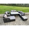 Fimous Outdoor Rattan Garden Furniture 9 piece Grey Patio Furniture Set 8 Seater Lounge Sofa Set with Rectangular Table Reclining Chairs 2 Big Stools 2 Side Tables