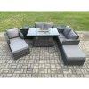Fimous Outdoor Sofa Rattan Garden Furniture Set Patio Gas Fire Pit Dining Table and Reclining Chair set with 2 Side Tables 2 Big Footstool Dark Grey Mixed