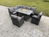 Fimous Rattan Garden Furniture High Back Corner Sofa Gas Fire Pit Dining Table Sets Gas Heater with 2 Armchairs 8 Seater Dark Grey Mixed