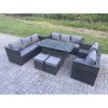 Fimous Outdoor Lounge Sofa Garden Furniture Set Patio Rattan Rectangular Dining Table with 2 Armchair 2 Small Footstools 10 Seater Dark Grey Mixed