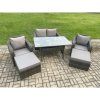 Fimous Patio Rattan Garden Furniture Set with Oblong Rectangular Dining Table 2 Big Footstool 6 Seater Outdoor Lounge Sofa Set Dark Grey Mixed
