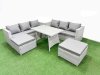 Fimous Rattan Garden Furniture Dining Set 8-seater Patio Rectangular Table 3 Seater Sofa Set with 2 Big Stools Light Grey