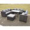 Fimous Outdoor Rattan Garden Furniture Lounge Sofa Set With Oblong Dining Table With Clear Tempered Glass And Big Footstool