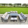 Fimous U-shaped Garden Furniture Set 11-Seater Aluminium Outdoor Dining Set with Adjustable Rising Lifting Dining Table 2 Small Footstools Dark Grey