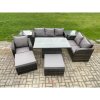 Fimous 8 Seater Outdoor Rattan Garden Furniture Set Height Adjustable Rising lifting Dining Table Love Sofa Chair With 2 Side Tables 2 Big Footstool Dark Grey Mixed