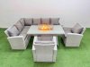 Fimous Rattan Corner Sofa Chair Set Outdoor Furniture Garden Dining Sets Gas Fire Pit Table with Temper Glass Light Grey Mixed