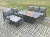 Fimous Aluminium Outdoor Garden Furniture Set Gas Fire Pit Dining Table Set Gas Heater Burner with 2 Arm Chair Big Footstool Dark Grey 6 Seater