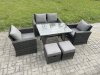 Fimous 6 Seater Outdoor Garden Furniture High Back Rattan Sofa Dining Table Set with 2 Small Footstools Dark Grey Mixed
