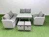Fimous 7 Seater Outdoor Rattan Garden Furniture Set Love Sofa Reclining Chair Set with Rectangular Dining Table 2 Small Footstools Light Grey
