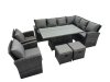 Fimous 10 Seat Rattan Garden Furniture Corner Sofa Set Outdoor Adjustable Lifting Dining or Coffee Table Set with 2 Small Footstools Dark Grey Mixed