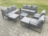Fimous Aluminium Patio Outdoor Garden Furniture Lounge Sofa Set with Square Coffee Table 2 Chairs 2 Big Footstools Dark Grey