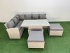 Fimous 8 Seat Rattan Outdoor Garden Furniture Corner Sofa Set Adjustable Lifting Dining or Coffee Table Set with Armchair 2 Big Footstools Light Grey