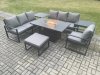 Fimous Aluminium 7 Pieces Garden Furniture Sofa Set with Cushions 8 Seater Gas Fire Pit Dining Table Set with 2 Side Tables Big Footstool Dark Grey