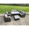 Fimous Rattan Outdoor Furniture Garden Dining Set Rectangular Table and Chair Sofa Set With Side Table Big Footstool Dark Grey Mixed