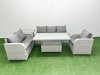 Fimous Patio PE Wicker 6 Seater Outdoor Rattan Furniture Sofa Sets with Adjustable Lifting Dining or Coffee Table Reclining Chair Loveseat Sofa 3 Seater Sofa Side Table Light Grey