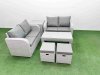 Fimous 6 Seater Outdoor Love Sofa Set Rattan Garden Furniture Set with Oblong Coffee Table 2 Small Stools Side Table Light Grey