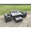Fimous Rattan Garden Furniture Set Outdoor Patio Gas Fire Pit Dining Table and Chairs with Side Table Love seat Sofa 2 Small Footstools