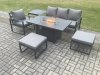 Fimous Aluminium 6 Pieces Garden Furniture Sofa Set with Cushions Gas Fire Pit Dining Table Set with 2 Big Footstools Side Table Dark Grey