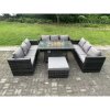 Fimous Rattan Garden Furniture Sofa Set Outdoor Patio Gas Fire Pit Dining Table Gas Heater Burner With Big Footstool 10 Seater Dark Grey Mixed
