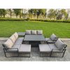 Fimous Garden Aluminium Furniture Set Dark Grey 10 Seater Outdoor Patio Adjustable Rising Lifting Dining Table with 2 Big Footstools Dark Grey