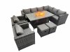 Fimous Garden Rattan Furniture Set 10 Seater Outdoor Corner Sofa 2 Chair Gas Firepit Dining Table Set with 2 Small Stools Dark Grey