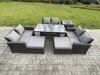 Fimous 8 Seater Wicker PE Rattan Garden Furniture Sets Outdoor Lounge Sofa Set with Oblong Dining Table Double Seat Sofa 2 Big Footstool Side Table Dark Grey Mixed