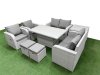 Fimous 8 Seater Outdoor Reclining Chair Love Sofa Set Rattan Garden Furniture Set with Adjustable Lifting Dining or Coffee Table 2 Stools Side Table Light Grey