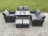 Fimous Wicker PE Rattan Garden Dining Set Outdoor Furniture Sofa with Rectangular Dining Table Love Seat Sofa 2 Small Footstools Dark Grey Mixed