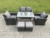 Fimous 6 Seater Outdoor Garden Furniture High Back Rattan Sofa Dining Table Set with 2 Small Footstools Dark Grey Mixed