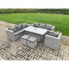 Fimous 9 Seater Outdoor PE Rattan Garden Funiture Set Height Adjustable Rising Lifting Table Sofa Dining Set with Armchair 2 Small Footstools