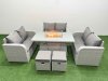 Fimous 8 Seater PE Wicker Rattan Furniture Sofa Sets with Firepit Dining Table 2 Seater Love Sofa 2 Stool Light Grey