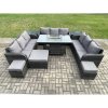 Fimous Outdoor Rattan Furniture Garden Dining Set Gas Fire Pit Table With 2 Side Tables Lounge Sofa 3 Footstool
