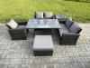 Fimous 6pcs Rattan Outdoor Garden Furniture Set Height Adjustable Rising Lifting Table Sofa Dining Set with Big Footstool Side Table Dark Grey Mixed