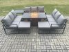 Fimous Aluminium 11 Seater Garden Furniture Outdoor Set Patio Lounge Sofa Gas Fire Pit Dining Table Set with 2 Big Footstools Side Table Dark Grey